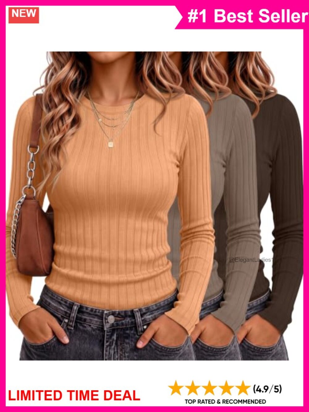 3 Pack Womens Long Sleeve Tops Cotton Ribbed Slim Fit Crewneck Shirts
